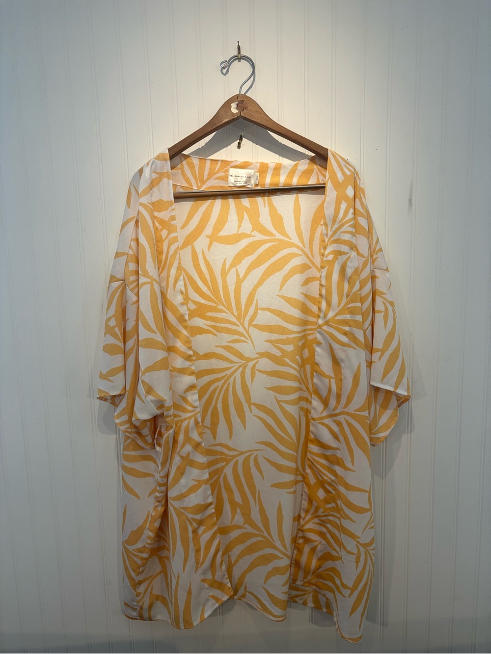 Sunlit Leaf Print Kimono Robe - Yellow/White FLAW